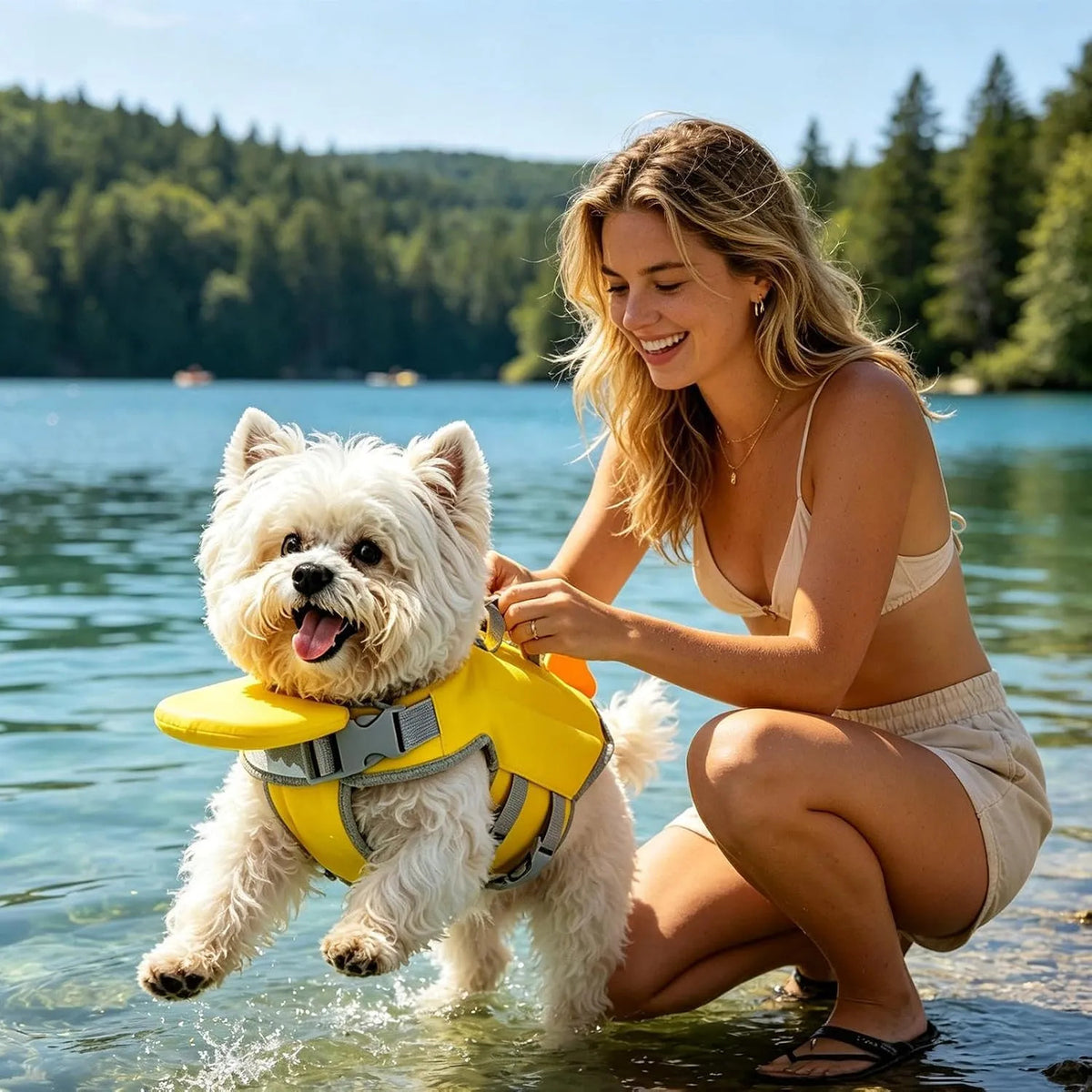 Tutora colocando o colete salva-vidas no cachorro à beira do lago