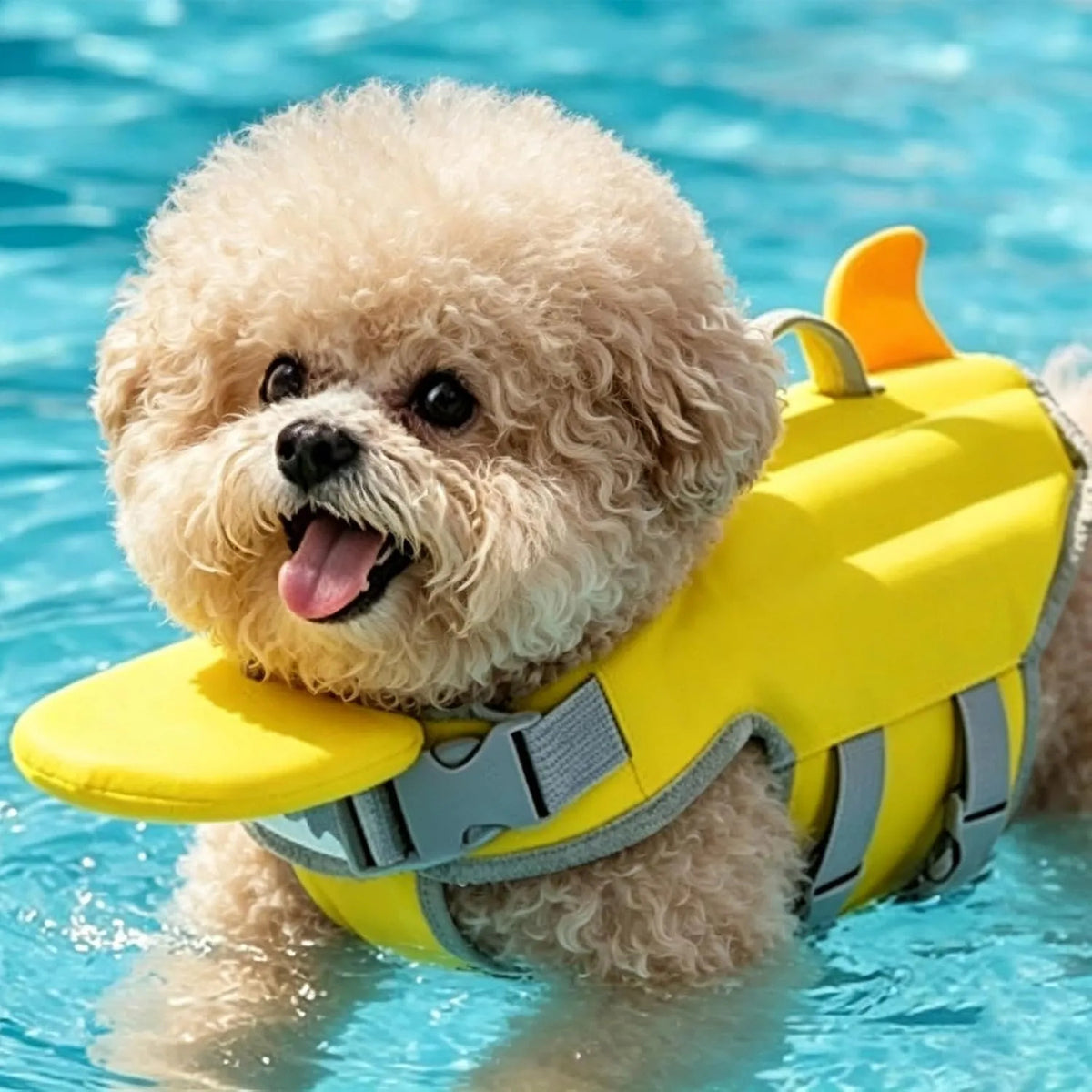 Cachorro poodle nadando feliz na piscina usando colete salva-vidas amarelo