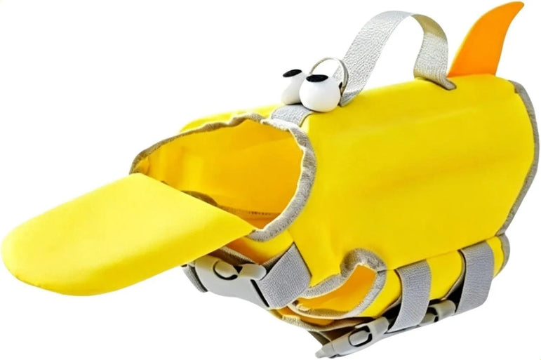 Colete salva-vidas amarelo para cachorro com barbatana laranja, apoio de queixo e alça de resgate — vista do produto