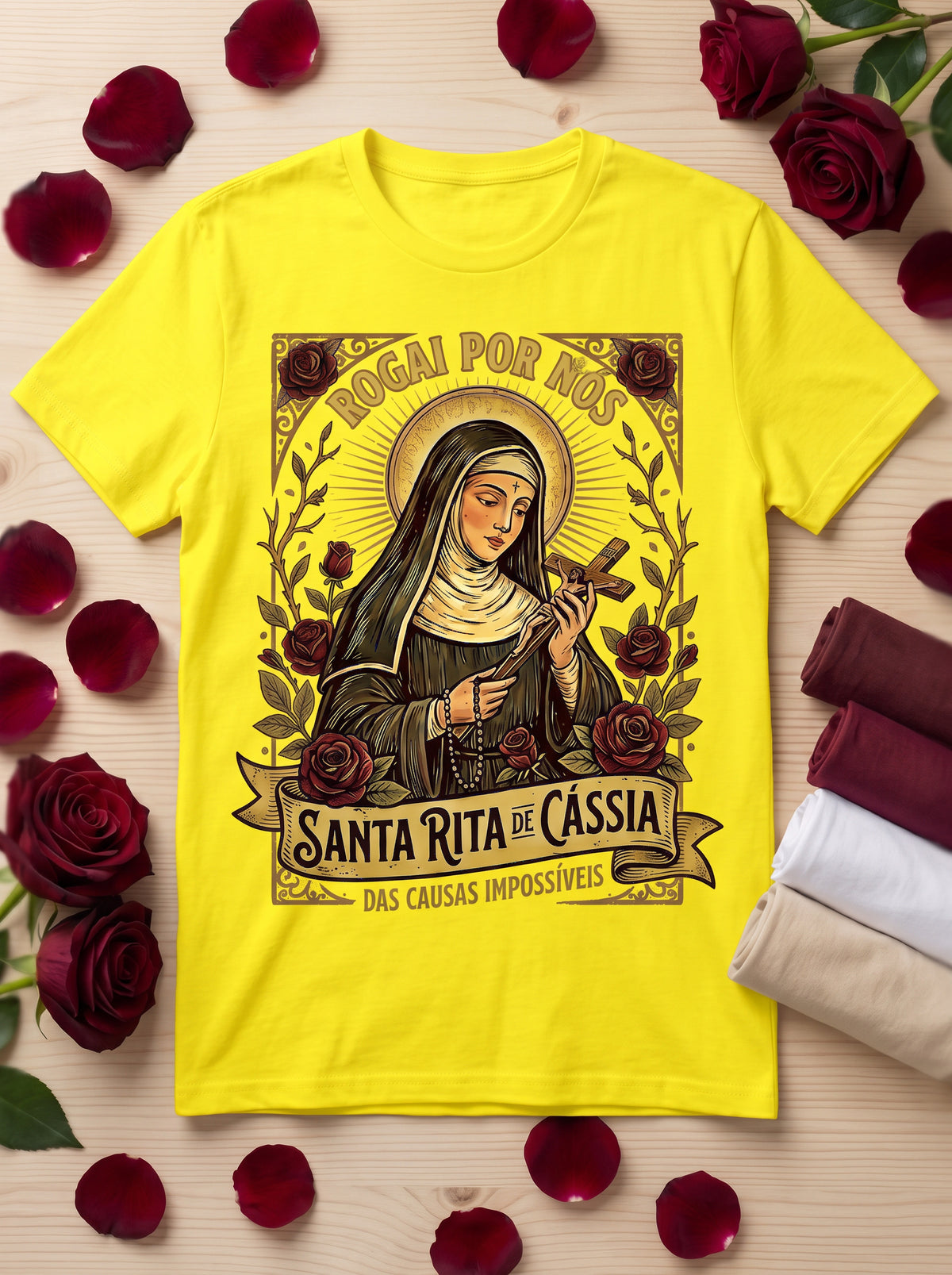 Camiseta Feminina Santa Rita de Cássia – Rogai por Nós | Fé nas Causas Impossíveis