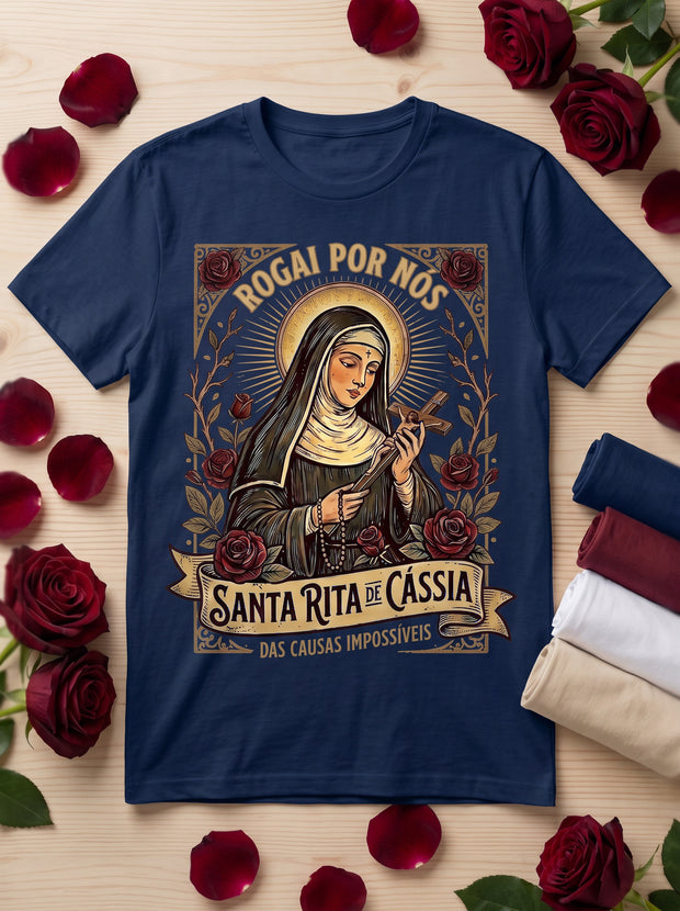 Camiseta Feminina Santa Rita de Cássia – Rogai por Nós | Fé nas Causas Impossíveis