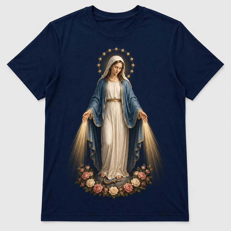 Camiseta Feminina Nossa Senhora das Graças – Sob o Manto de Maria