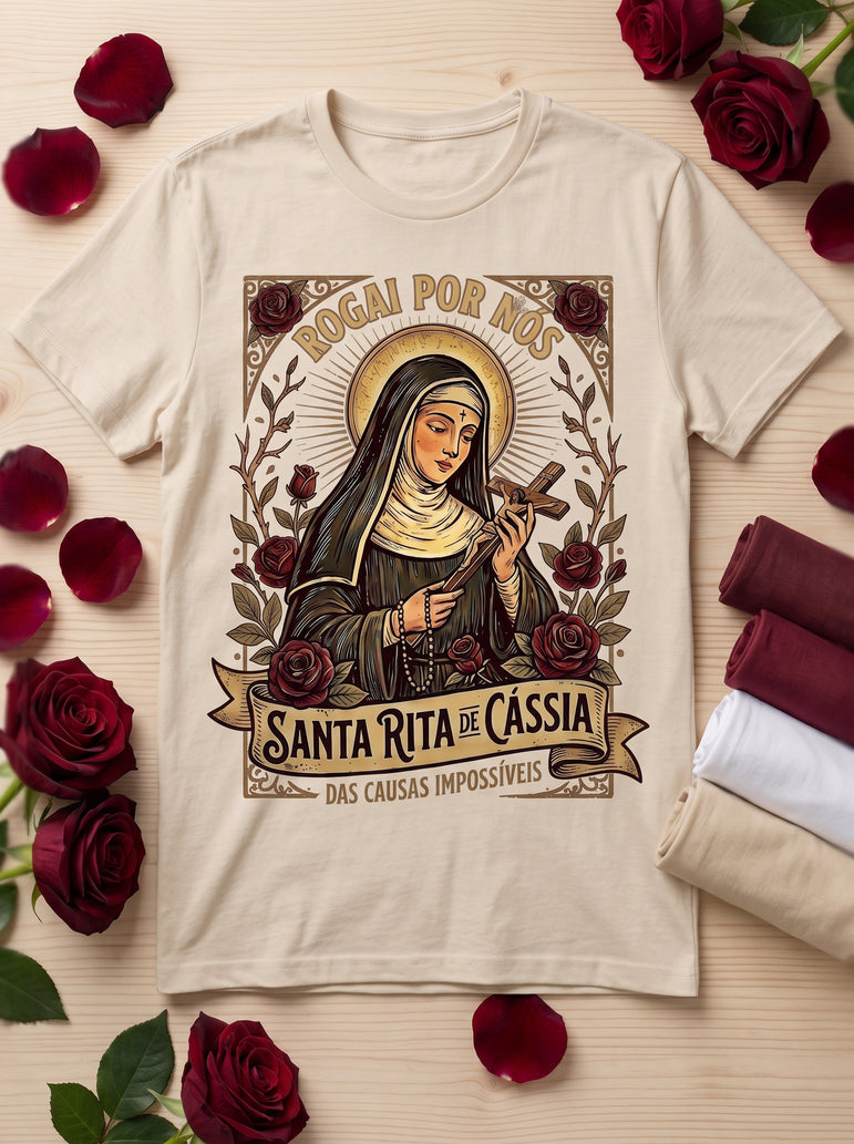 Camiseta Feminina Santa Rita de Cássia – Rogai por Nós | Fé nas Causas Impossíveis
