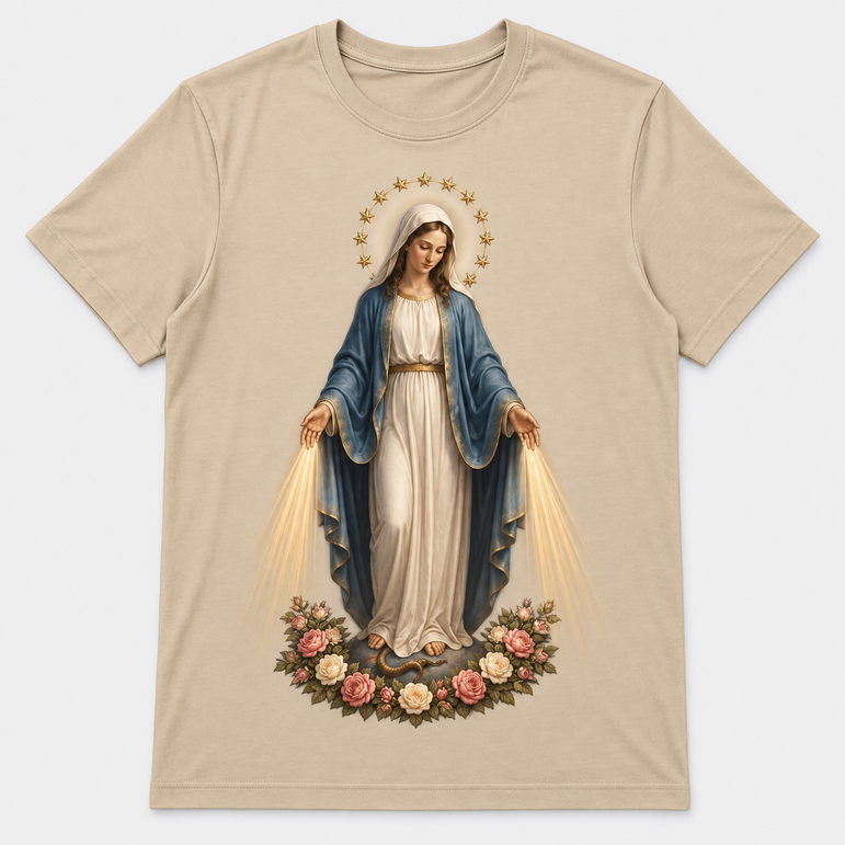 Camiseta Feminina Nossa Senhora das Graças – Sob o Manto de Maria