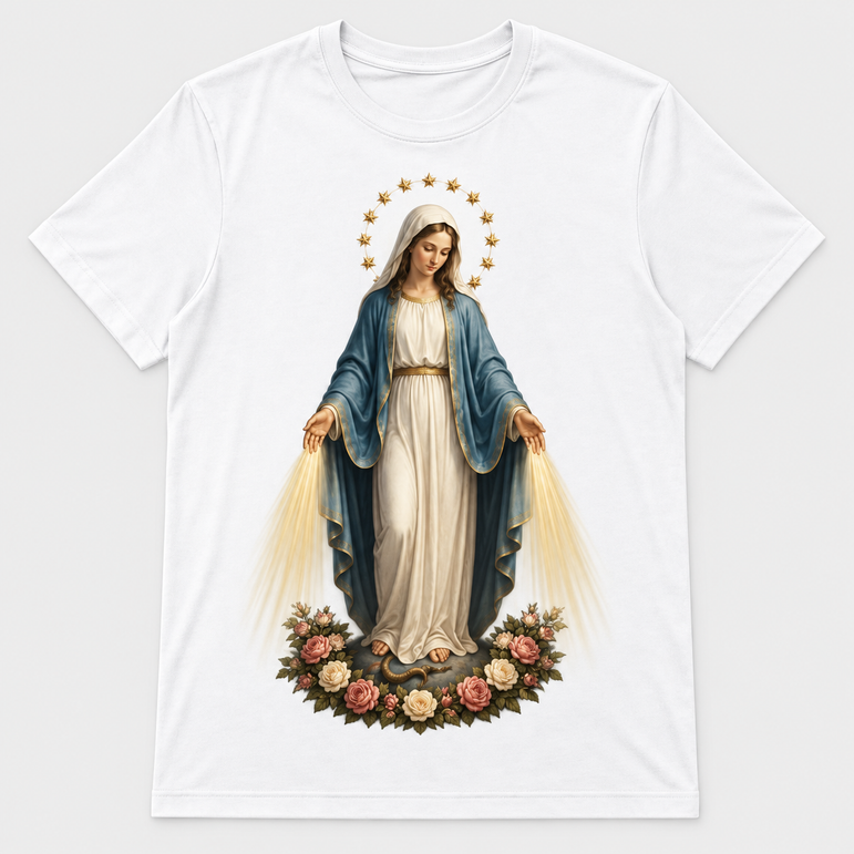Camiseta Feminina Nossa Senhora das Graças – Sob o Manto de Maria