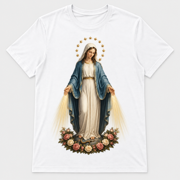 Camiseta Feminina Nossa Senhora das Graças – Sob o Manto de Maria