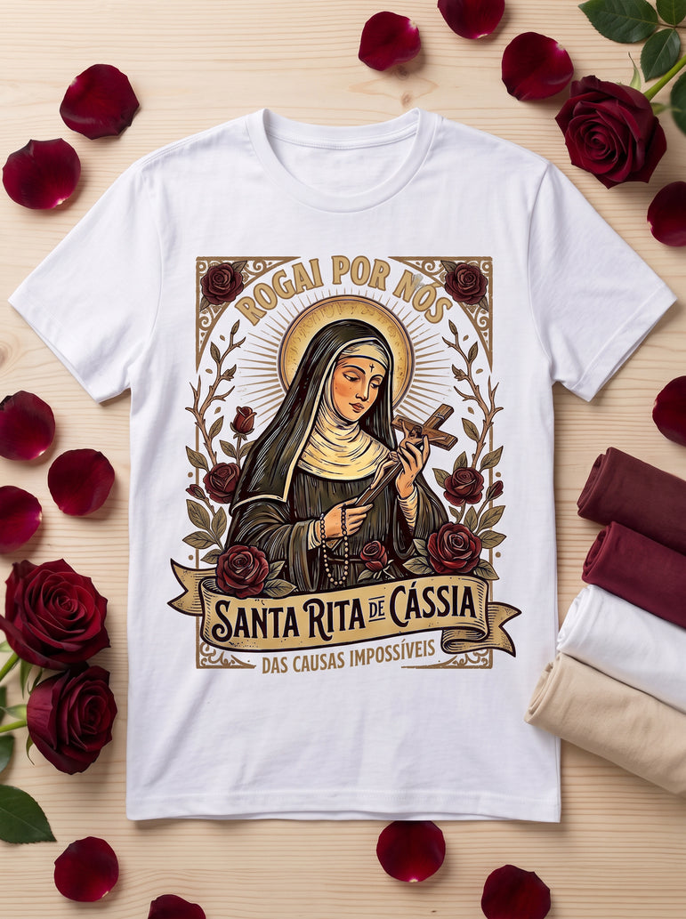 Camiseta Feminina Santa Rita de Cássia – Rogai por Nós | Fé nas Causas Impossíveis