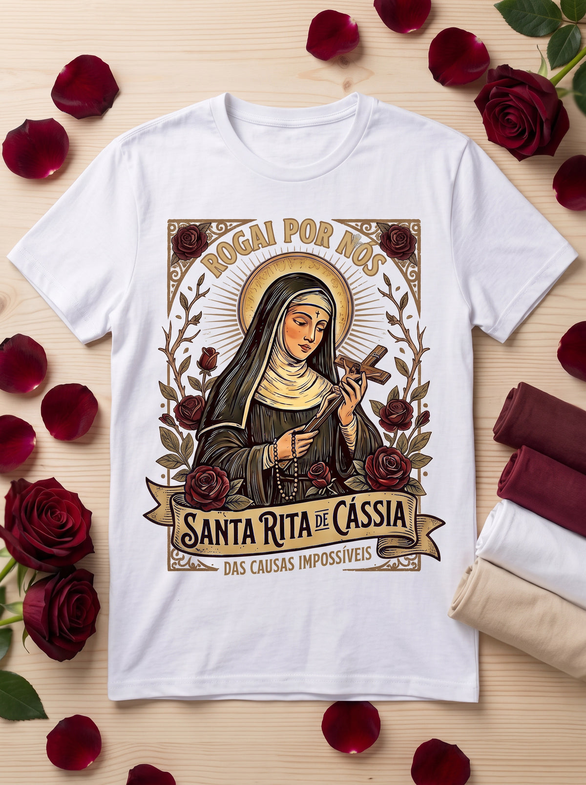 Camiseta Feminina Santa Rita de Cássia – Rogai por Nós | Fé nas Causas Impossíveis