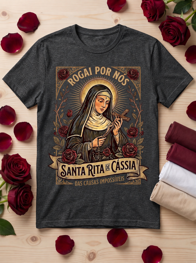 Camiseta Feminina Santa Rita de Cássia – Rogai por Nós | Fé nas Causas Impossíveis