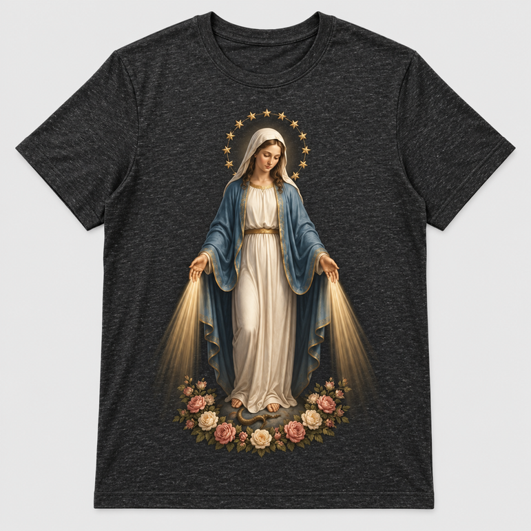 Camiseta Feminina Nossa Senhora das Graças – Sob o Manto de Maria