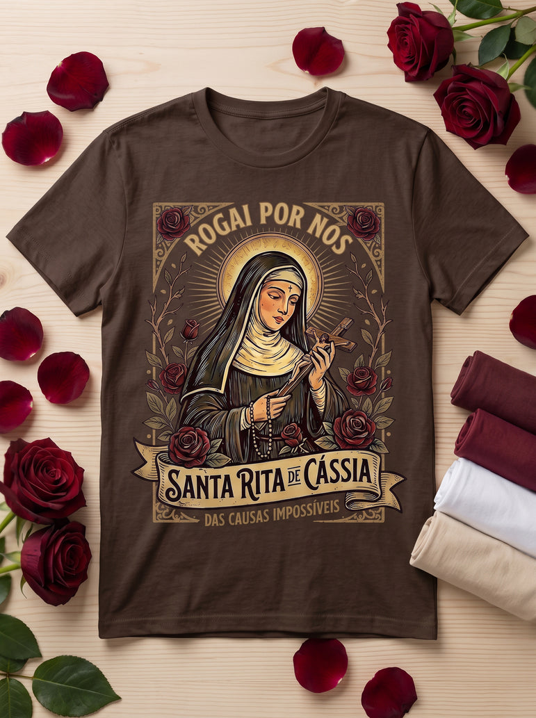Camiseta Feminina Santa Rita de Cássia – Rogai por Nós | Fé nas Causas Impossíveis