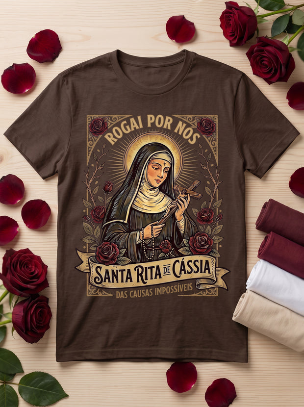 Camiseta Feminina Santa Rita de Cássia – Rogai por Nós | Fé nas Causas Impossíveis
