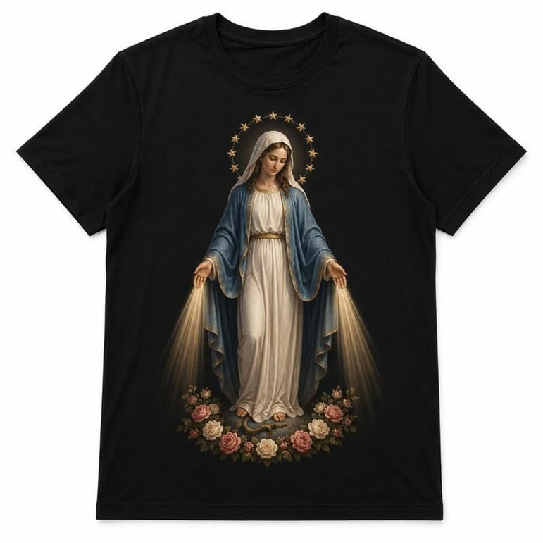 Camiseta Feminina Nossa Senhora das Graças – Sob o Manto de Maria