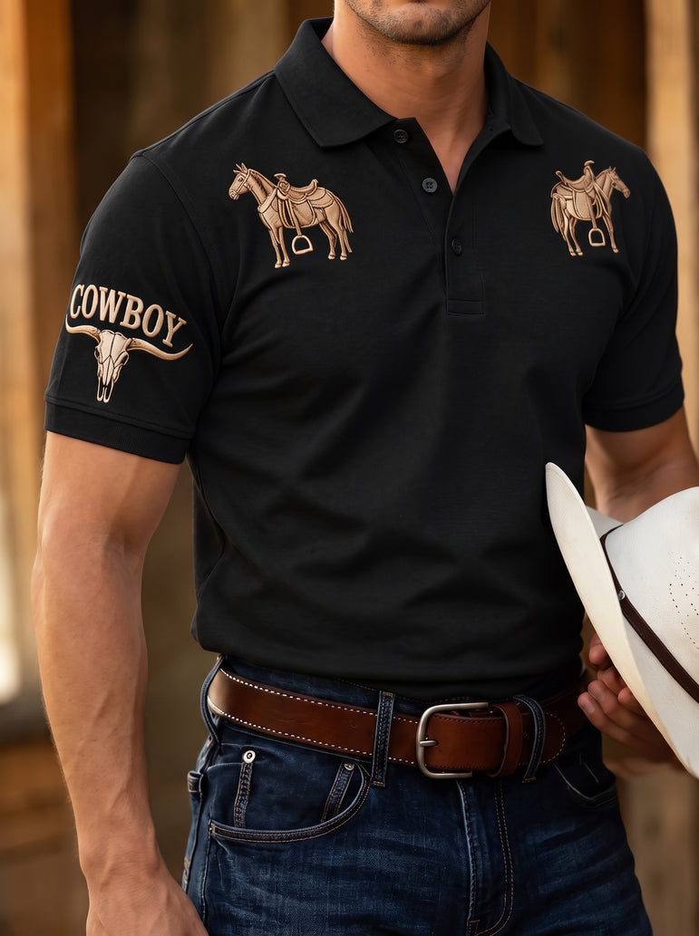Camisa Polo Cowboy Western – Estilo Country Efeito Bordado Realista