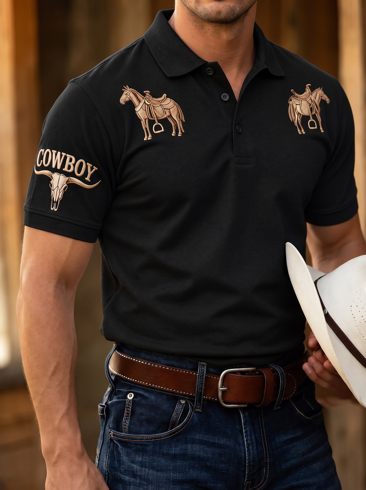 Camisa Polo Cowboy Western – Estilo Country Efeito Bordado Realista
