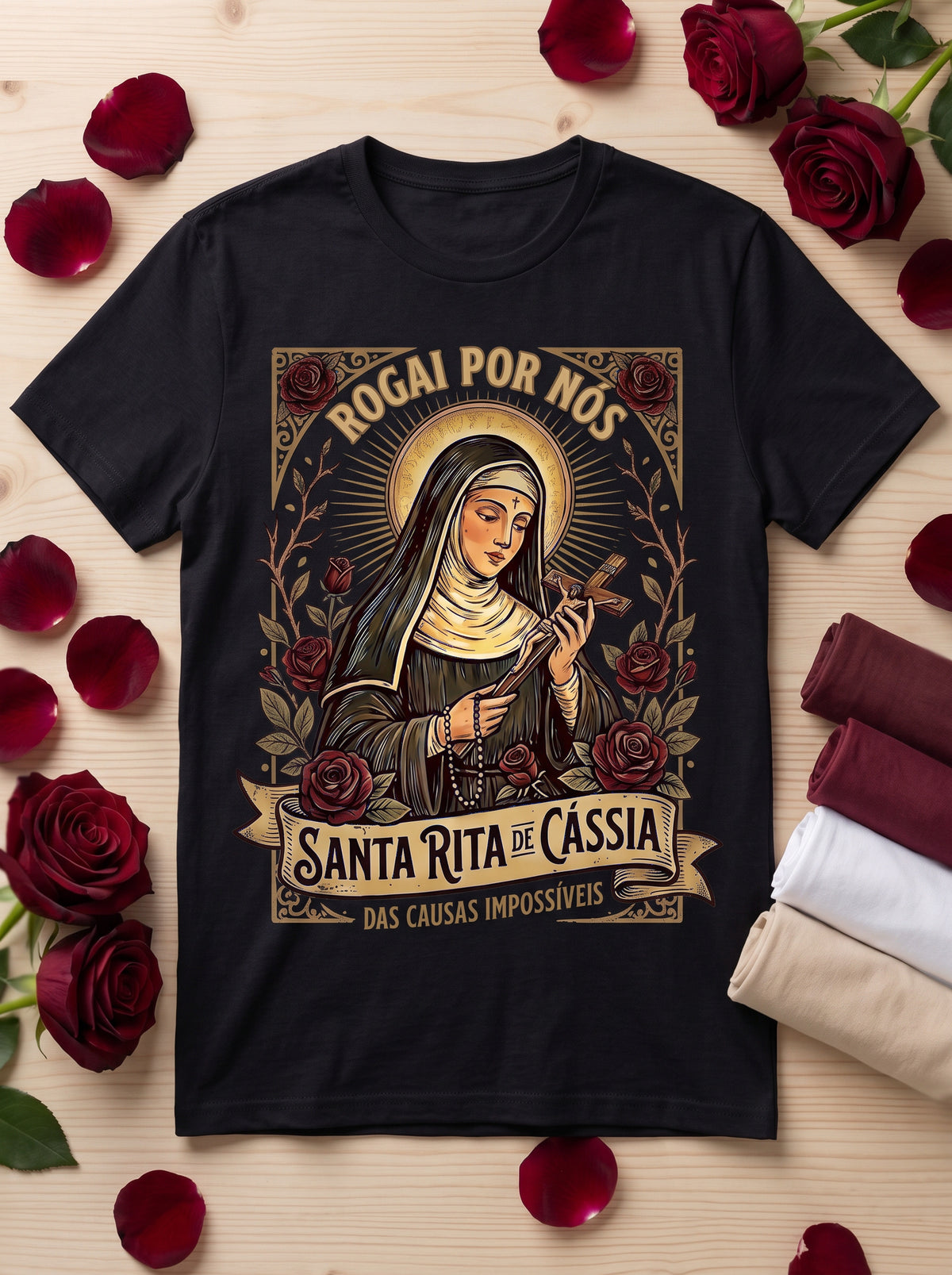 Camiseta Feminina Santa Rita de Cássia – Rogai por Nós | Fé nas Causas Impossíveis