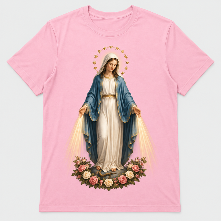 Camiseta Feminina Nossa Senhora das Graças – Sob o Manto de Maria