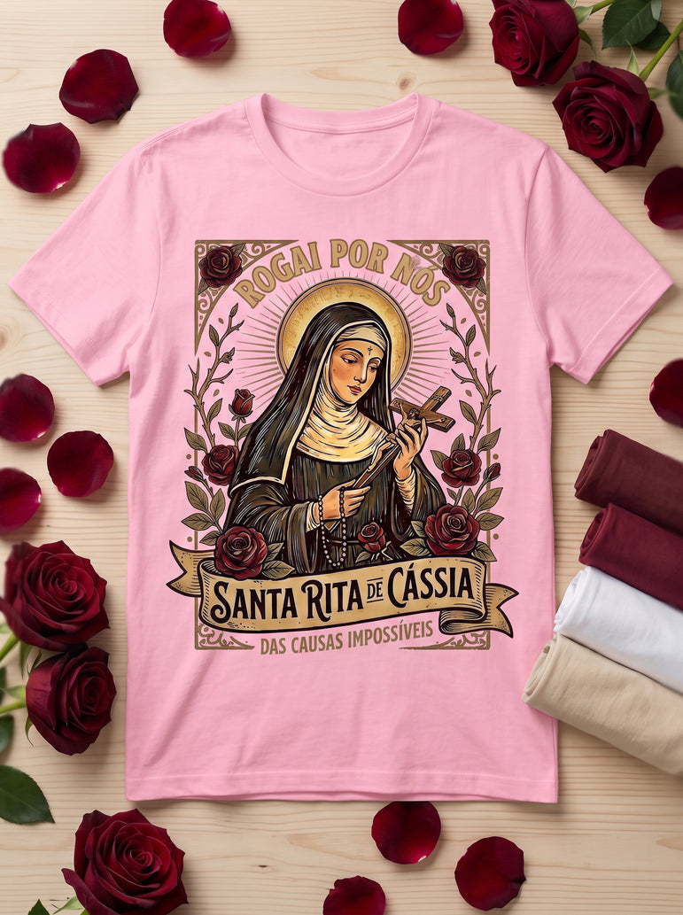 Camiseta Feminina Santa Rita de Cássia – Rogai por Nós | Fé nas Causas Impossíveis