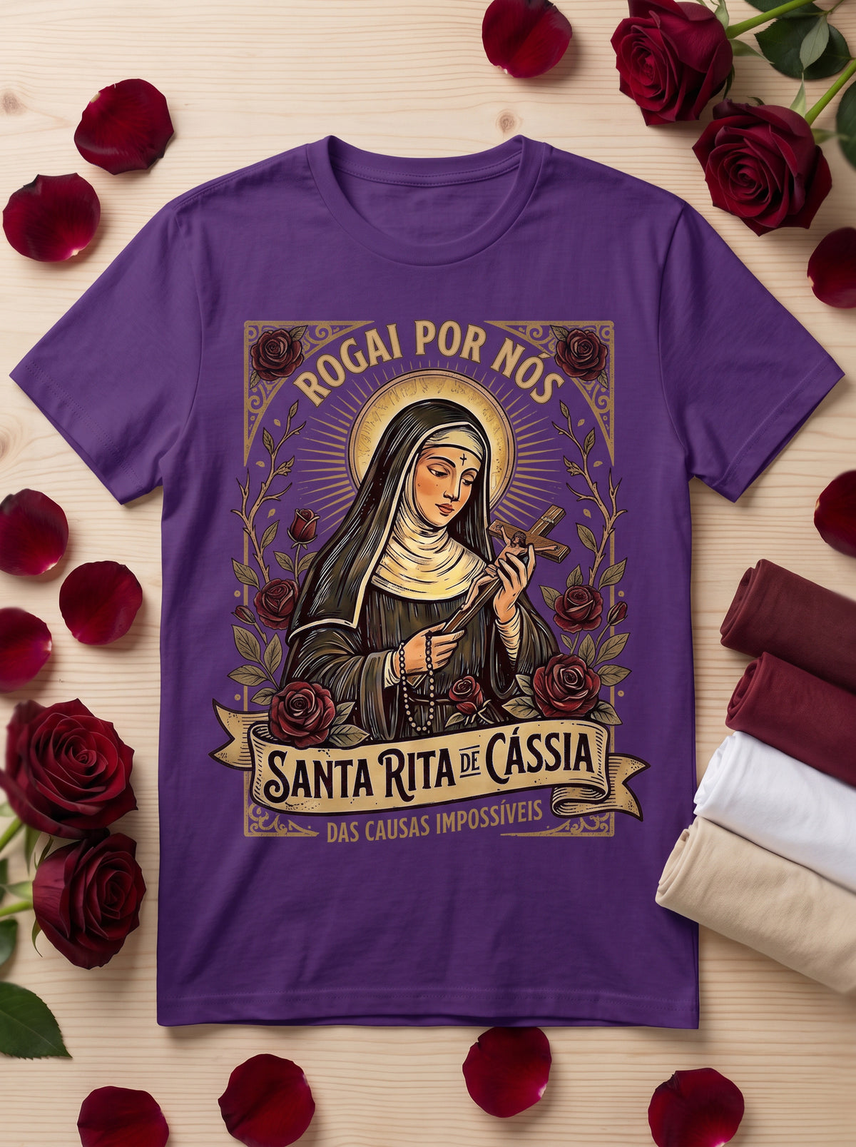 Camiseta Feminina Santa Rita de Cássia – Rogai por Nós | Fé nas Causas Impossíveis