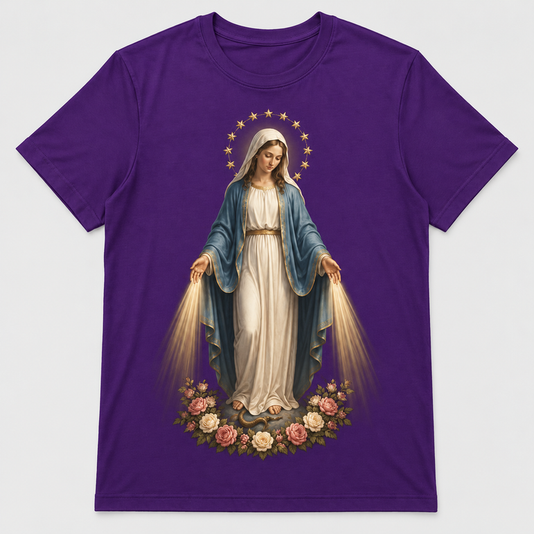 Camiseta Feminina Nossa Senhora das Graças – Sob o Manto de Maria