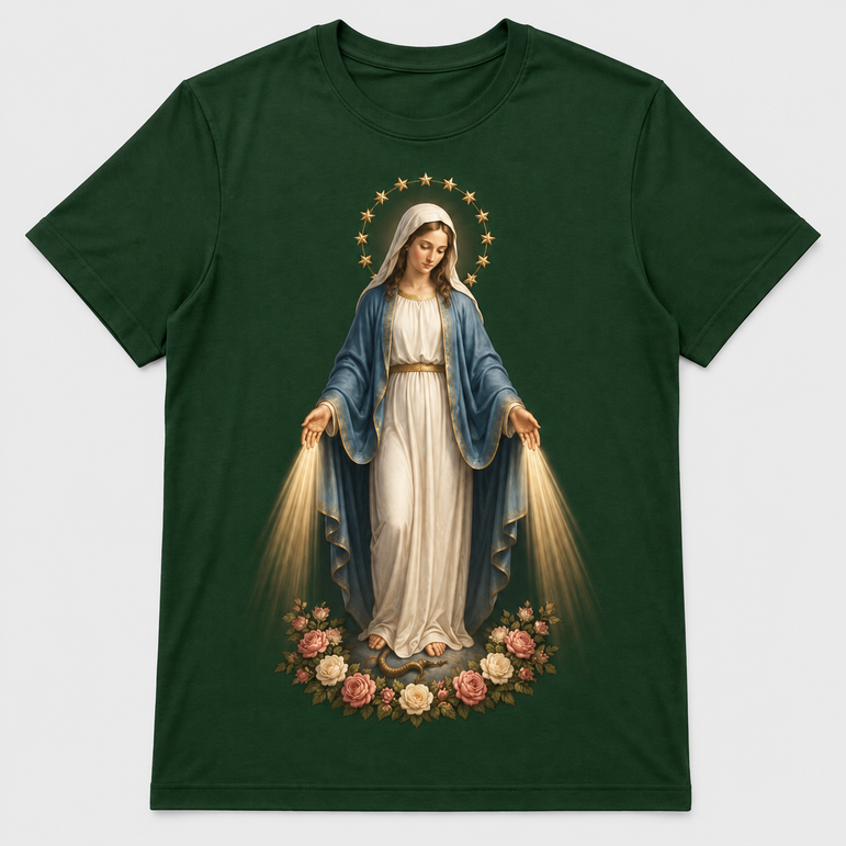 Camiseta Feminina Nossa Senhora das Graças – Sob o Manto de Maria