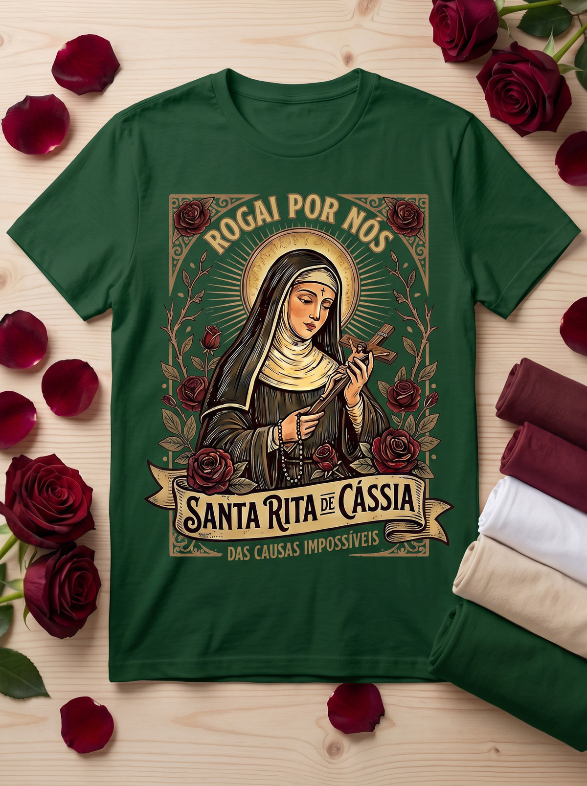 Camiseta Feminina Santa Rita de Cássia – Rogai por Nós | Fé nas Causas Impossíveis