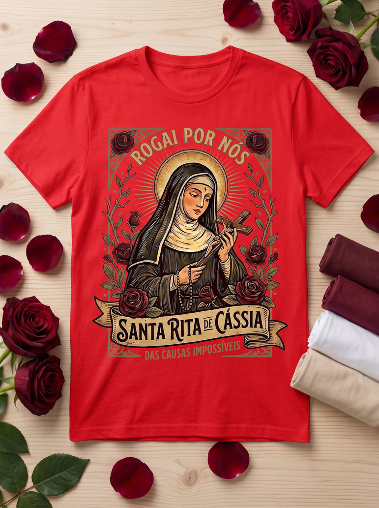 Camiseta Feminina Santa Rita de Cássia – Rogai por Nós | Fé nas Causas Impossíveis