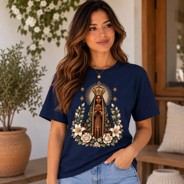 Camiseta Aparecida Lírios e Rosas Feminina Azul-marinho