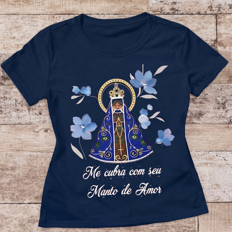 Camiseta Aparecida Manto de Amor Feminina Azul-marinho