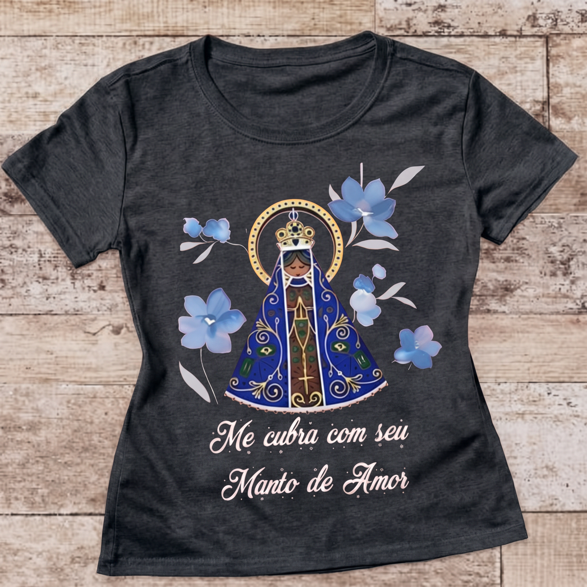 Camiseta Aparecida Manto de Amor Feminina Grafite