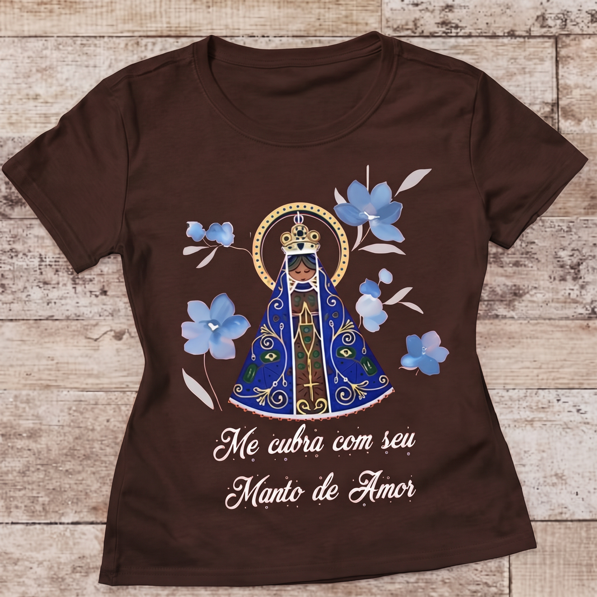 Camiseta Aparecida Manto de Amor Feminina Marrom