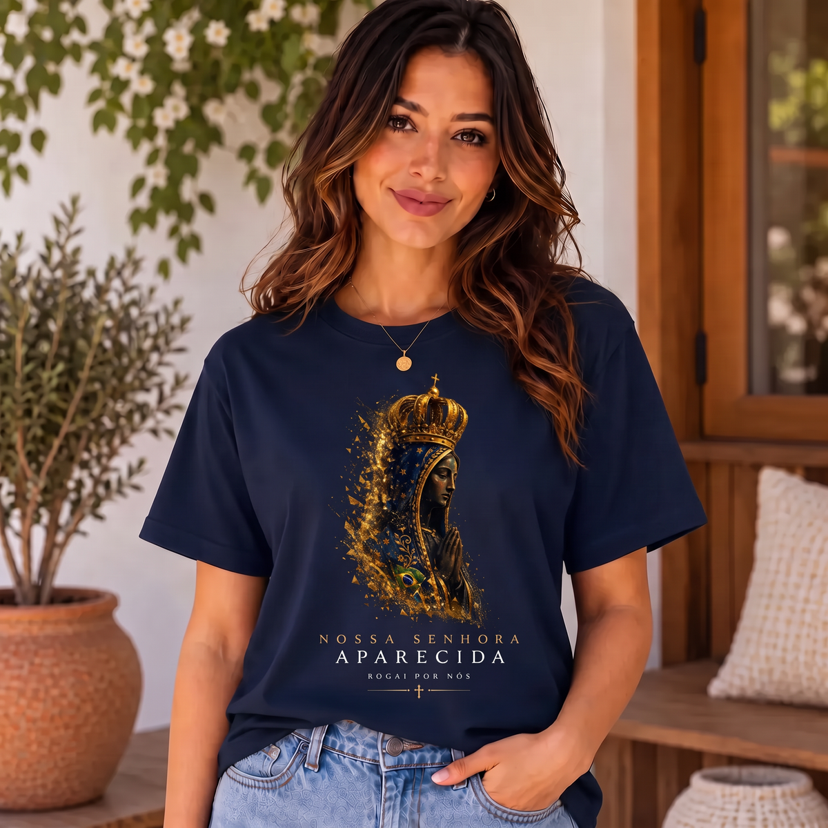 Camiseta Nossa Senhora Aparecida Rogai por Nós Feminina Azul-marinho