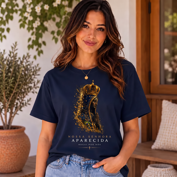 Camiseta Nossa Senhora Aparecida Rogai por Nós Feminina Azul-marinho