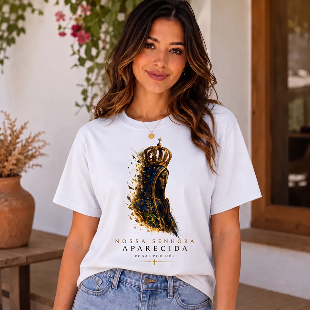 Camiseta Nossa Senhora Aparecida Rogai por Nós Feminina Branco