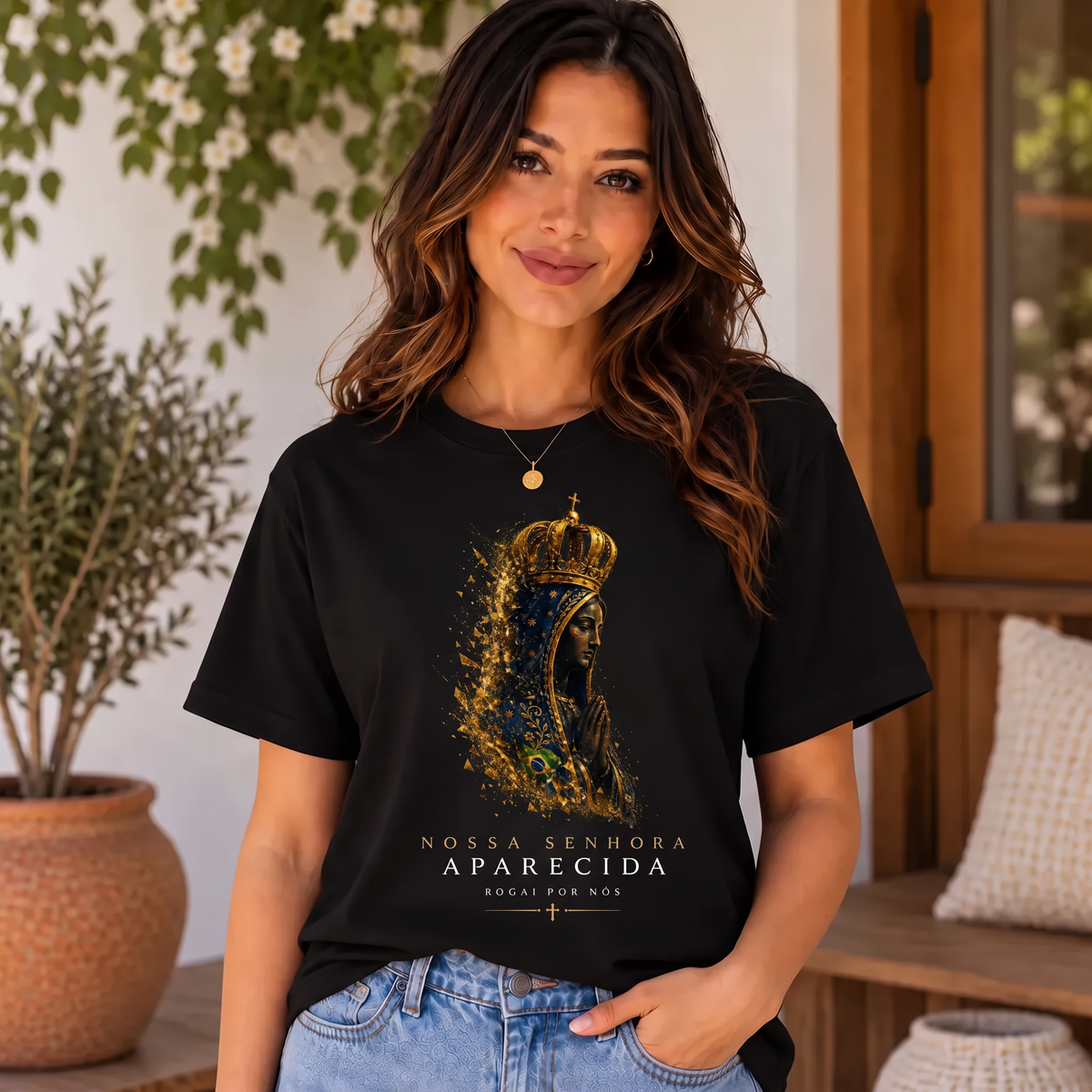 Camiseta Nossa Senhora Aparecida Rogai por Nós Feminina Preto