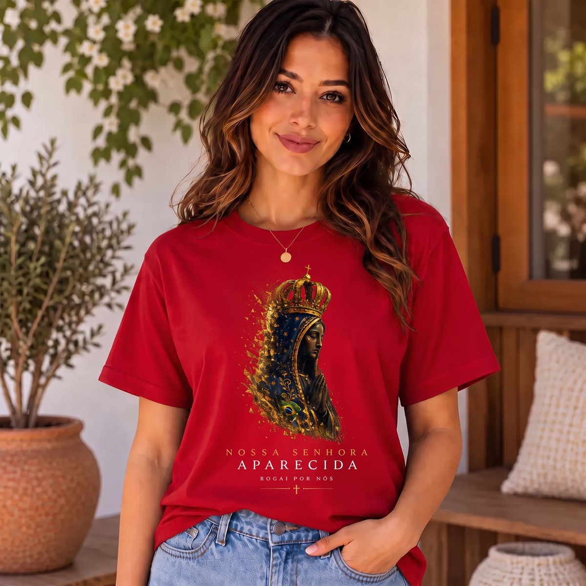 Camiseta Nossa Senhora Aparecida Rogai por Nós Feminina Vermelho