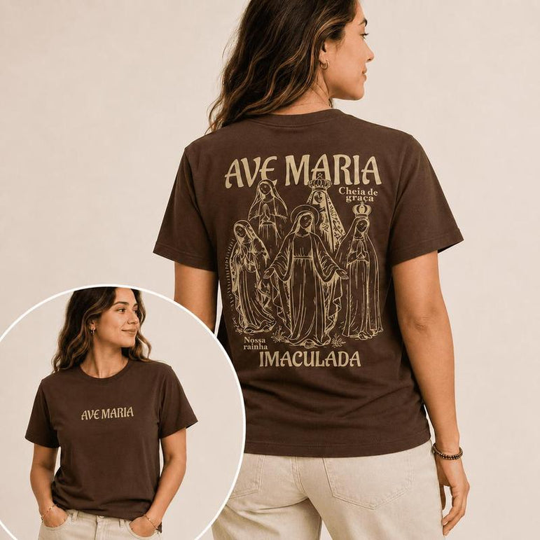 Camiseta Ave Maria Imaculada Marrom