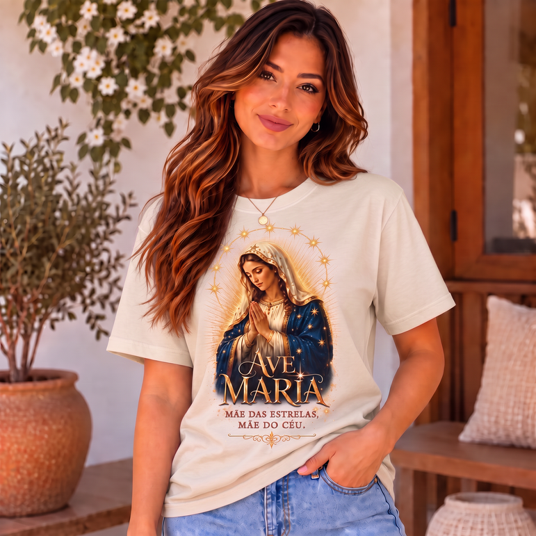 Camiseta Ave Maria Mãe das Estrelas Feminina Bege