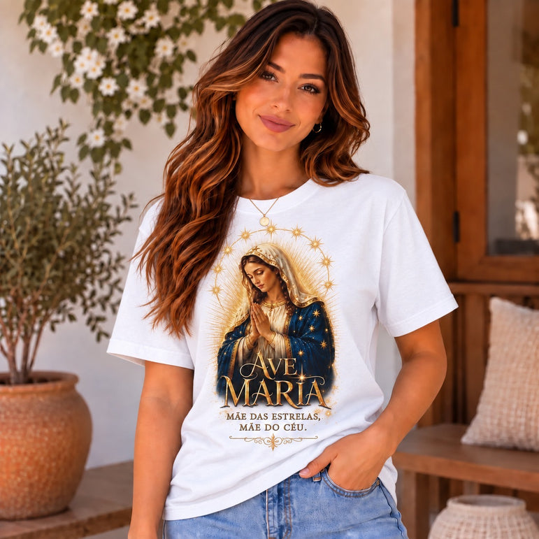 Camiseta Ave Maria Mãe das Estrelas Feminina Branco