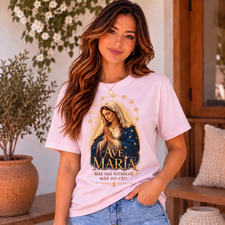 Camiseta Ave Maria Mãe das Estrelas Feminina Rosa