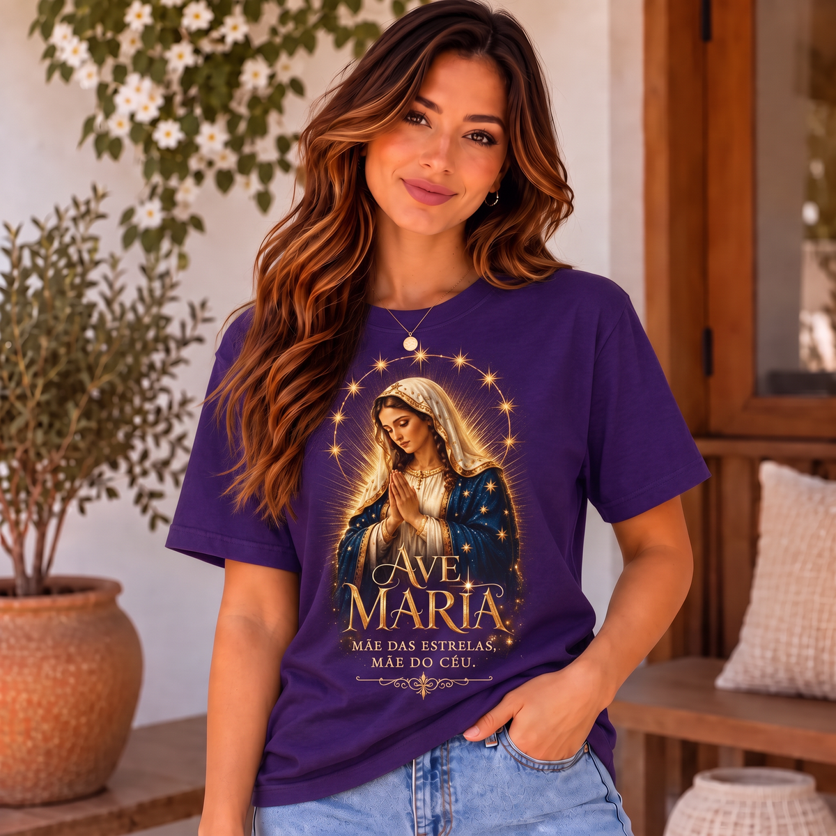 Camiseta Ave Maria Mãe das Estrelas Feminina Roxo