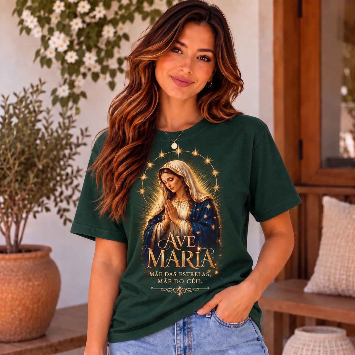 Camiseta Ave Maria Mãe das Estrelas Feminina Verde