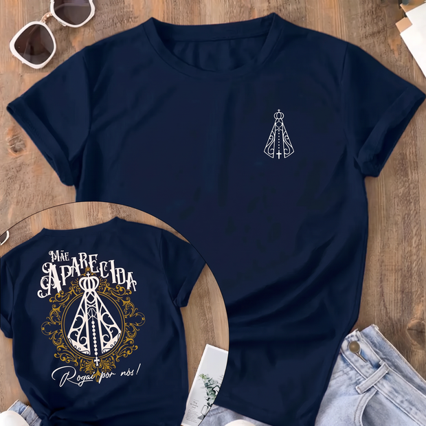 Camiseta Mãe Aparecida Frente e Costas Feminina Azul-marinho