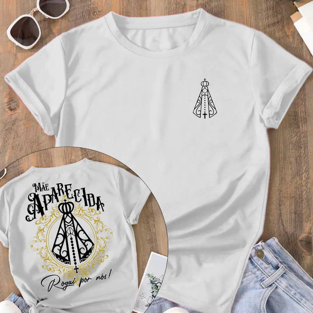 Camiseta Mãe Aparecida Frente e Costas Feminina Preto modelo