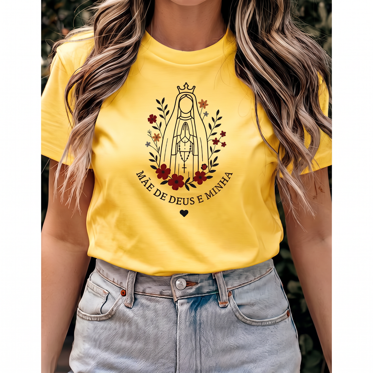 Camiseta Mãe de Deus e Minha Feminina Amarela