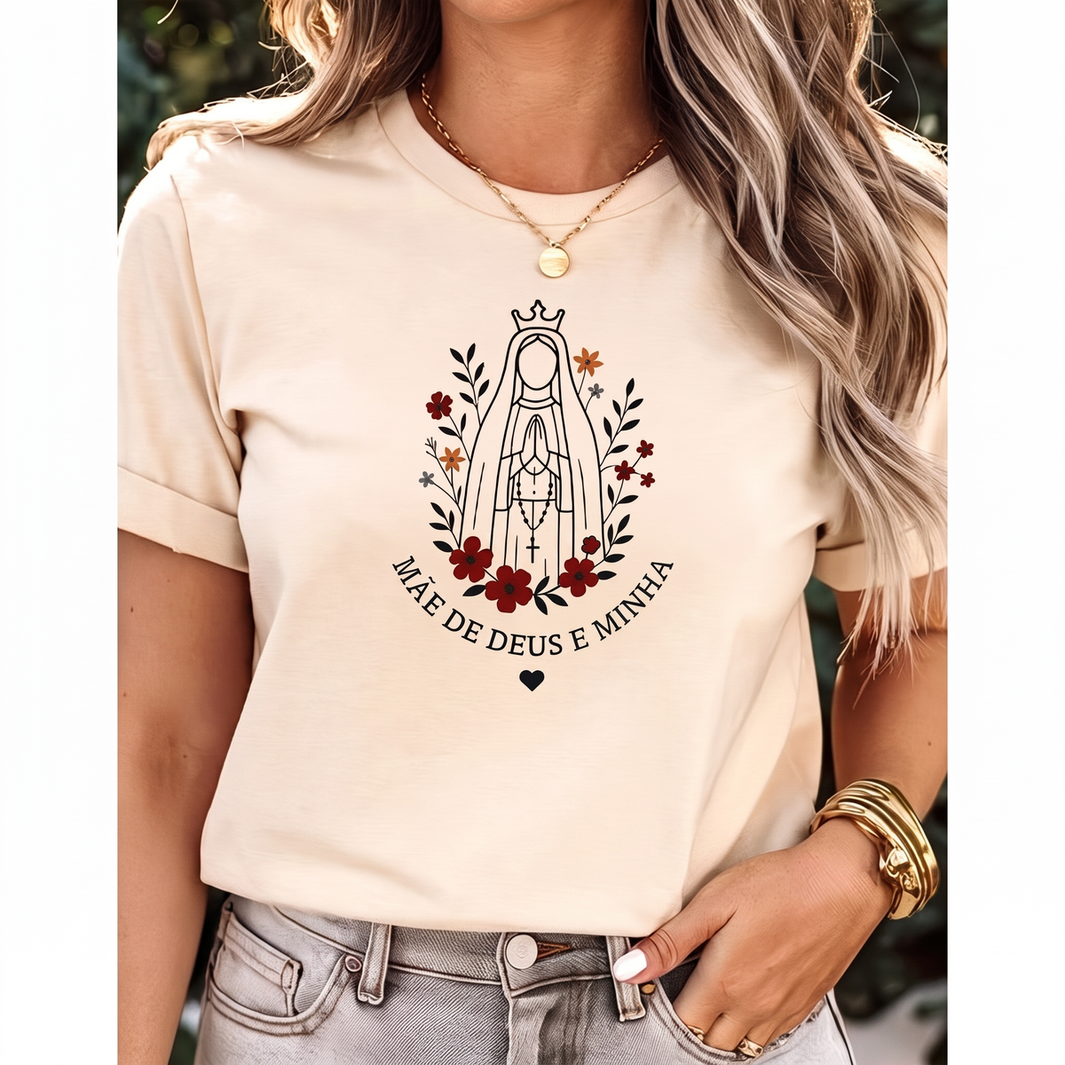 Camiseta Mãe de Deus e Minha Feminina Bege