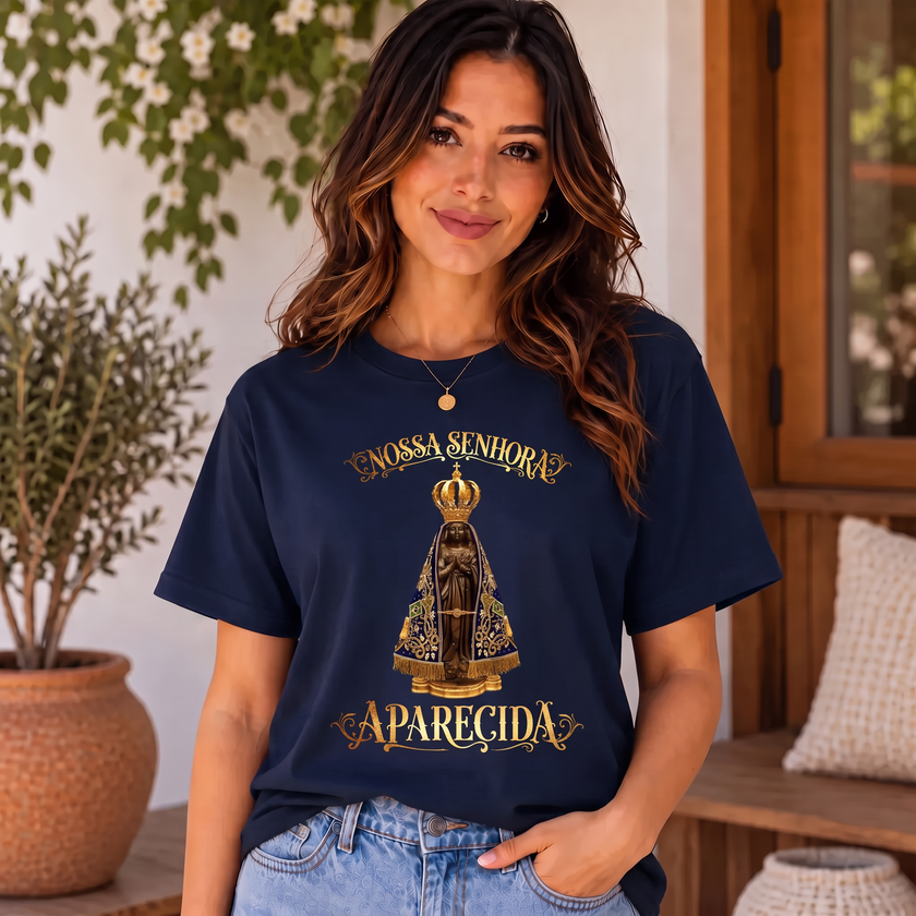 Camiseta Nossa Senhora Aparecida Clássica Feminina Azul-marinho