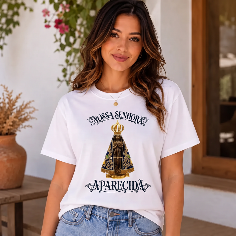 Camiseta Nossa Senhora Aparecida Clássica Feminina Branco