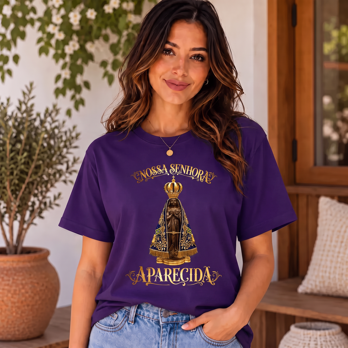 Camiseta Nossa Senhora Aparecida Clássica Feminina Roxo