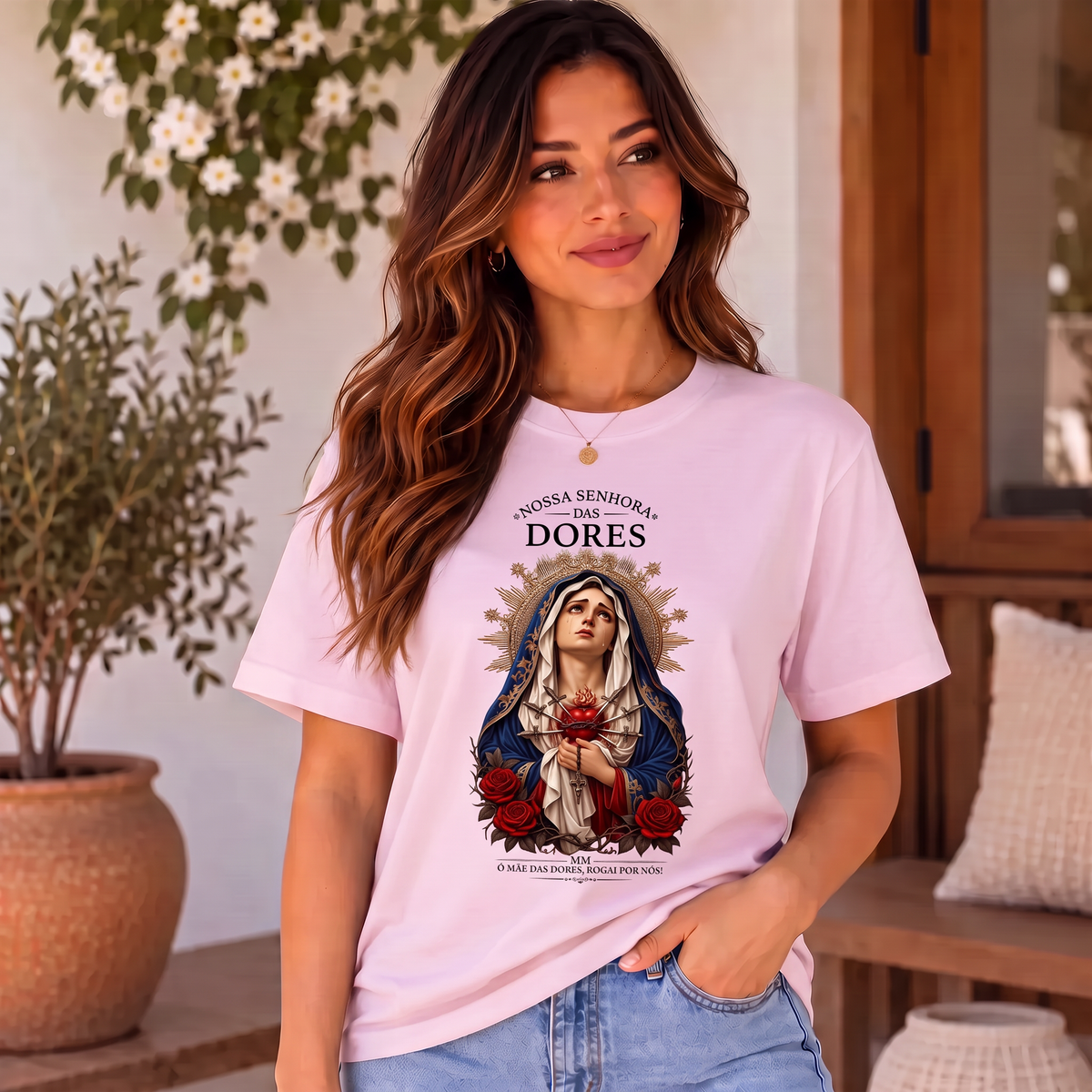 Camiseta Nossa Senhora das Dores Feminina Rosa